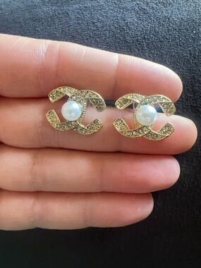 CHANEL Gold and Pearl CC Logo Crystal Stud Earrings
